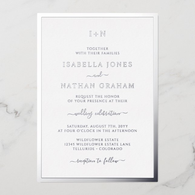 Invitación Con Relieve Metalizado Boda plateado monogramado (Anverso)