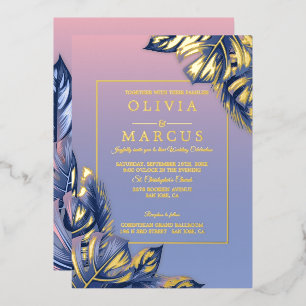 Invitación Con Relieve Metalizado Boda   Polvo Rosa Polvo Azul Follaje Tropical