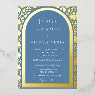 Invitación Con Relieve Metalizado Boda Polvorienta Azul Prestigiosa (Sólida)