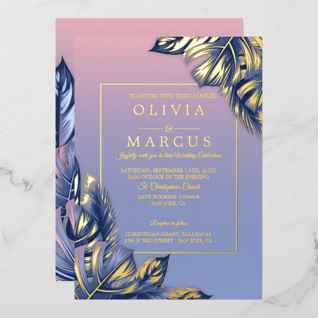 Invitación Con Relieve Metalizado Boda | Polvoriento Rosa Dusty Azul Foliage Tropica (Anverso/Reverso)