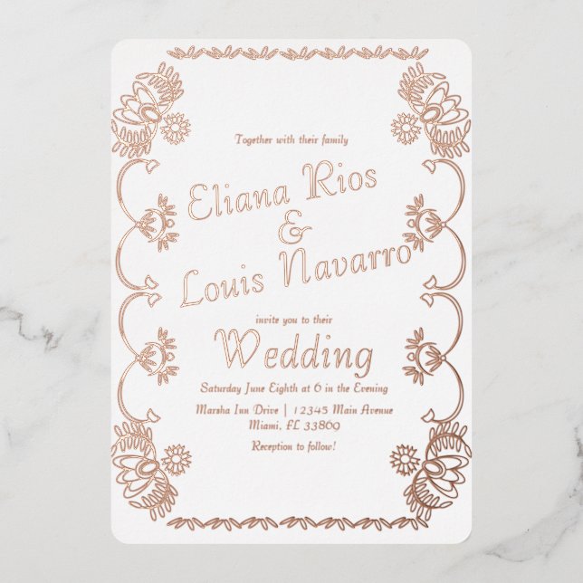 Invitación Con Relieve Metalizado Boda popular mexicano Papel Picado Presionado (Anverso)