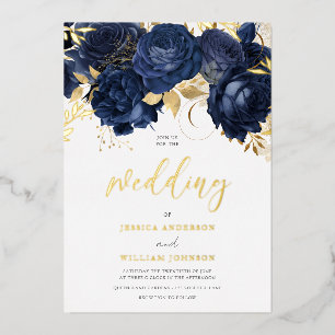 Invitación Con Relieve Metalizado Boda Preciosa de Azul Marino: Floral y Dorado