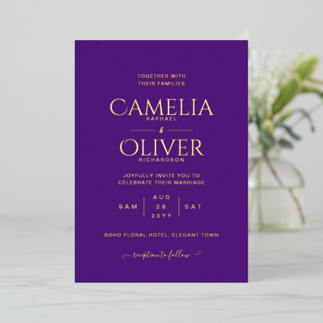 Invitación Con Relieve Metalizado Boda púrpura de texto de RELIEVE METALIZADO DORADO (Anverso de pie)