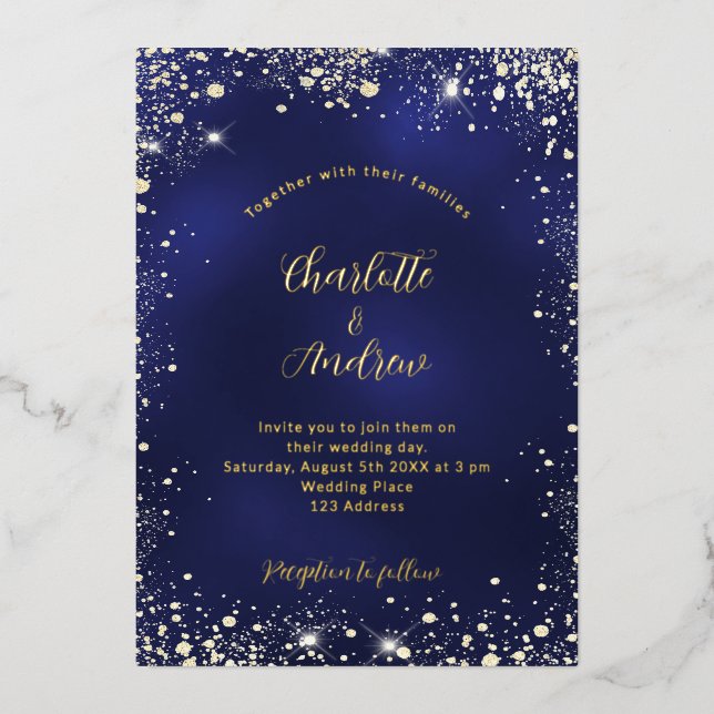 Invitación Con Relieve Metalizado Boda purpurina de oro azul marino (Anverso)