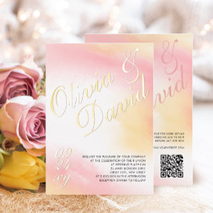 Invitación Con Relieve Metalizado Boda QR RSVP Acuarela Amarillo Pastel Rosa