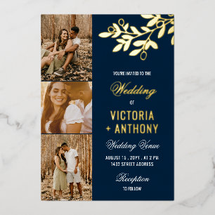 Invitación Con Relieve Metalizado Boda Rama Azul Marino con Tres Fotos