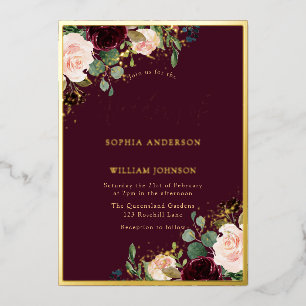 Invitación Con Relieve Metalizado Boda real marco floral borgoña dorado