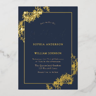 Invitación Con Relieve Metalizado Boda Real Marco Vintage Azul Marina Dorado 