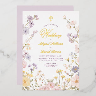 Invitación Con Relieve Metalizado Boda Religiosa Marco Floral Pastel