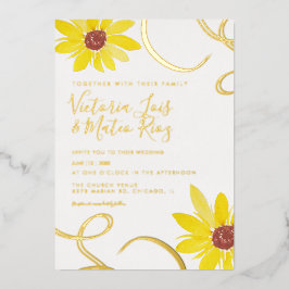 Invitación Con Relieve Metalizado Boda Remolino de Girasol Acuarela Prensada