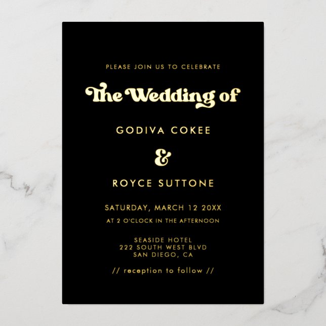 Invitación Con Relieve Metalizado Boda retro elegante negro y dorado (Anverso)