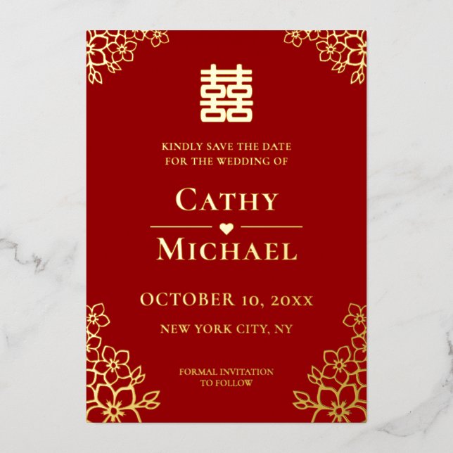 Invitación Con Relieve Metalizado Boda roja floral china salva la fecha (Anverso)