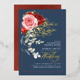 Invitación Con Relieve Metalizado Boda Rojo Burdeos Flores Rosa Boho Azul Marino