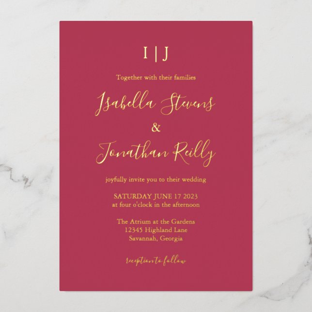 Invitación Con Relieve Metalizado Boda rojo magenta clásico minimalista oro para (Anverso)