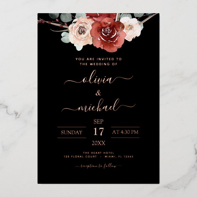 Invitación Con Relieve Metalizado Boda Románico Borgoña Eucalyptus Cae (Anverso)