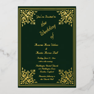 Invitación Con Relieve Metalizado Boda Romántica con Marco de Pan de Oro Verde y Tex