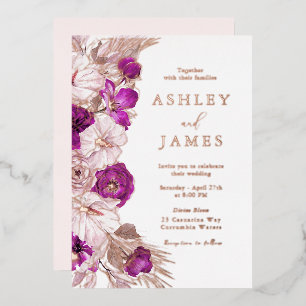 Invitación Con Relieve Metalizado Boda Romántica con Purpura y Rosa Dorado con Hoja 