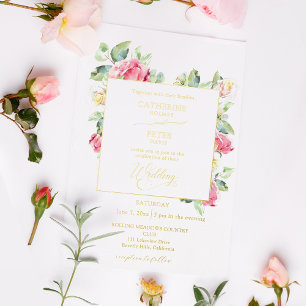 Invitación Con Relieve Metalizado Boda Romántica con Rosas de Acuarela en Rosa y Mar