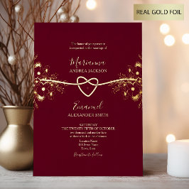 Invitación Con Relieve Metalizado Boda Romántica de Color Dorado y Burdeos