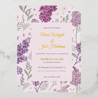 Invitación Con Relieve Metalizado Boda Romántica en el Jardín de Lilas Vintage