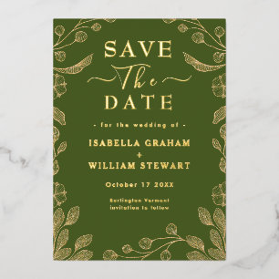 Invitación Con Relieve Metalizado Boda Romántica Floral Musgo Verde Guardar La Fecha