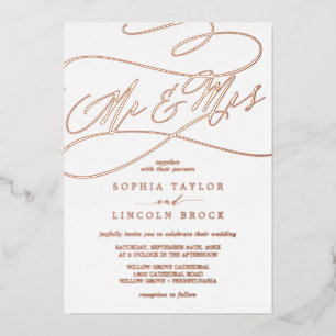 Invitación Con Relieve Metalizado Boda Romántica Mr & Mrs con Hojalata de Oro Rosa