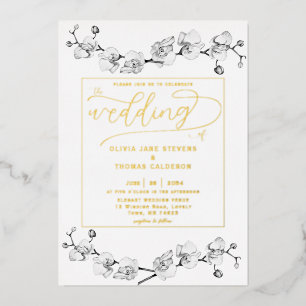 Invitación Con Relieve Metalizado Boda Romántica Orquídeas Blancas Oro Clásico