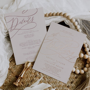 Invitación Con Relieve Metalizado Boda Romántica Rosa Dorado Foil Rosa Todo En Uno