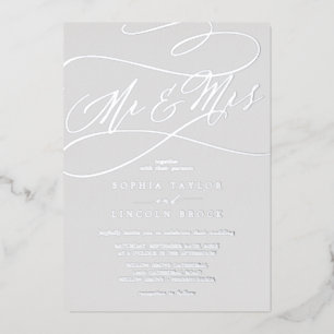 Invitación Con Relieve Metalizado Boda Romántica Sr. y Sra. con Hojas de Plata Gris