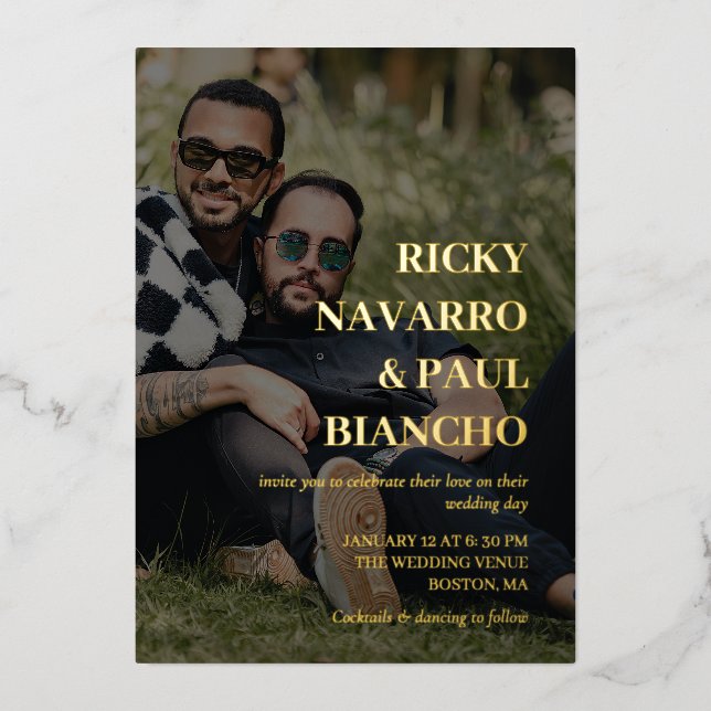 Invitación Con Relieve Metalizado Boda Romántico de fotos y Relieves metalizados dor (Anverso)