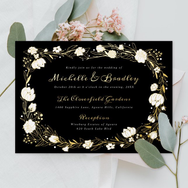 Invitación Con Relieve Metalizado Boda Romántico de Jardín Negro y Oro (Subido por el creador)