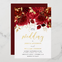 Invitación Con Relieve Metalizado Boda Romántico Roses Rojos y Hoja de Oro