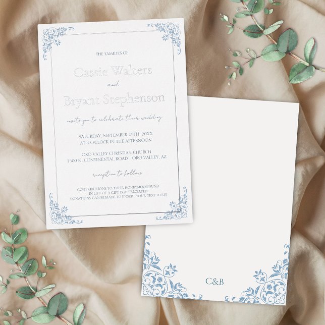 Invitación Con Relieve Metalizado Boda Romántico Shabby Chic Blue and White (Formal blue and white with silver foil wedding invitations with romantic floral border for vintage )