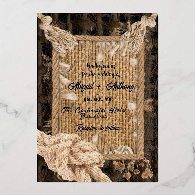 Invitación Con Relieve Metalizado Boda Rope clásico (Anverso)