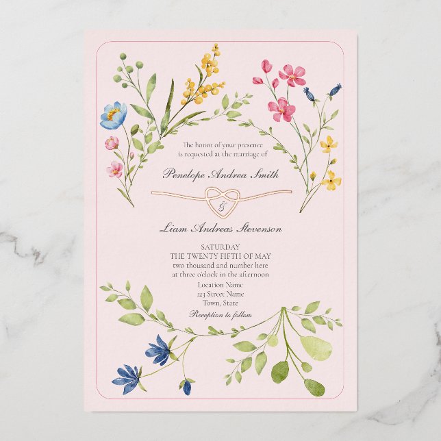 Invitación Con Relieve Metalizado Boda Rosa Boho Wildflower (Anverso)