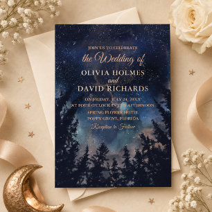 Invitación Con Relieve Metalizado Boda Rosa de Oro Noche Estrellada Azul Oscuro