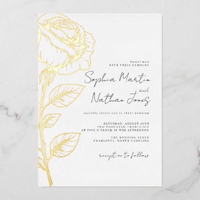 Invitación Con Relieve Metalizado Boda Rosa de Relieve metalizado dorado real (Anverso)