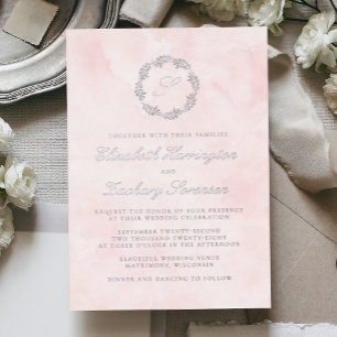 Invitación Con Relieve Metalizado Boda Rosa Desvanecido Escritura Corona Monograma d