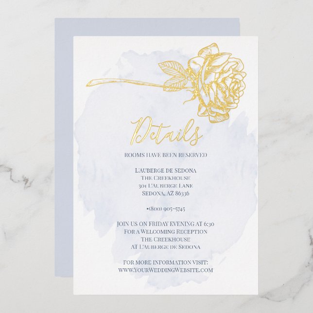 Invitación Con Relieve Metalizado BODA | Rosa Dorada Gilded en Azul Polvoriento (Anverso/Reverso)