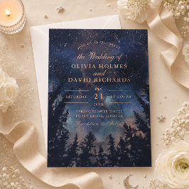 Invitación Con Relieve Metalizado Boda Rosa Dorada Noche Estelar Celestial