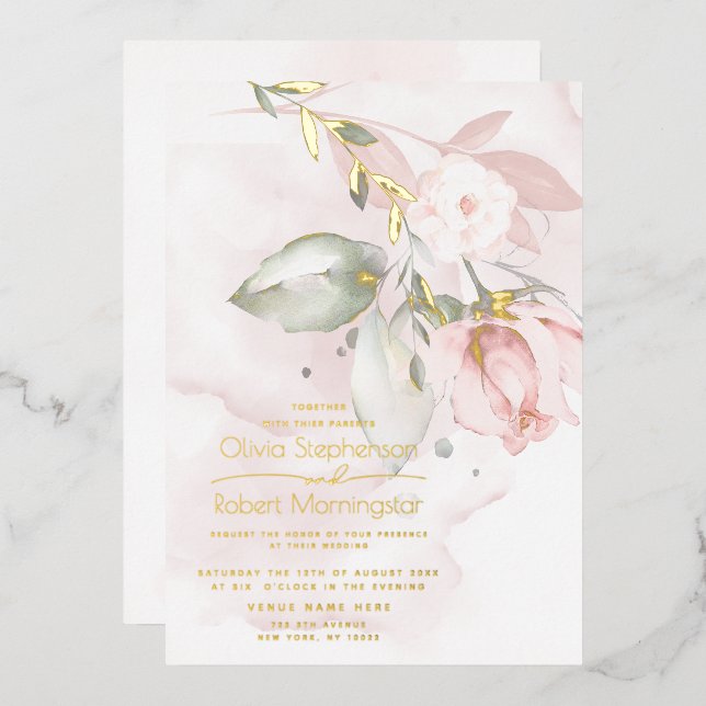 Invitación Con Relieve Metalizado BODA | Rosa Foil Bosque Rosa Rosado (Anverso/Reverso)