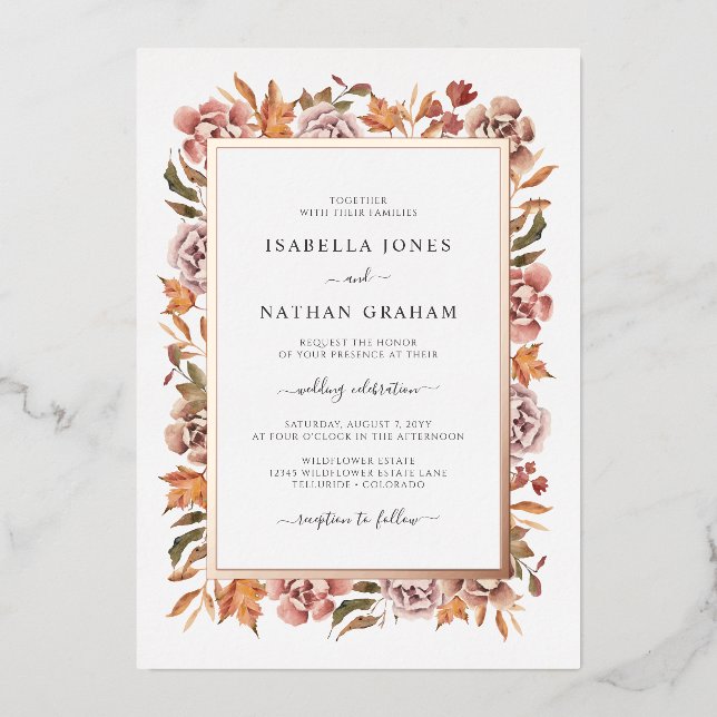 Invitación Con Relieve Metalizado Boda Rosa Oro Caída (Anverso)