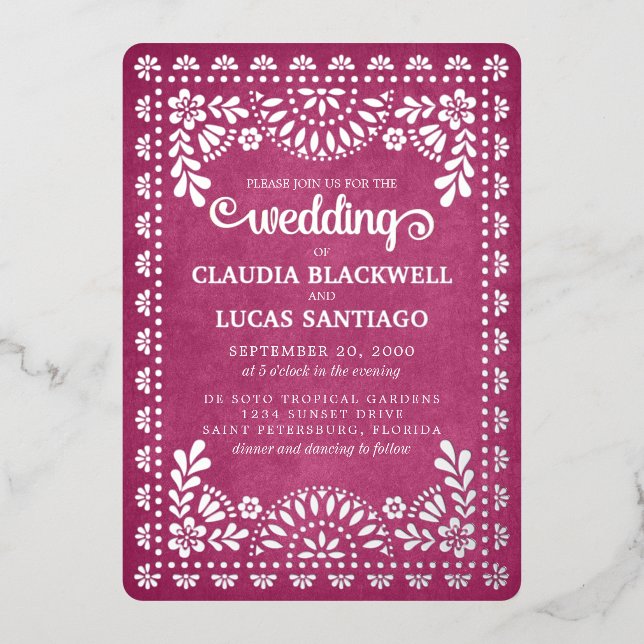Invitación Con Relieve Metalizado Boda rosa Papel Picado (Anverso)