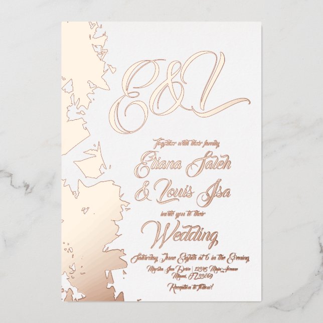 Invitación Con Relieve Metalizado Boda Rubor Gold Fractal presionado (Anverso)