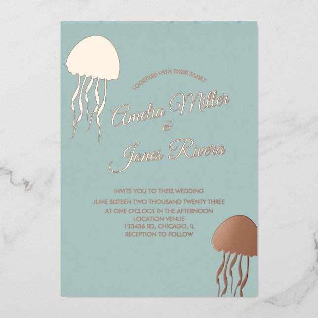 Invitación Con Relieve Metalizado Boda Rubor Gold JellyFish Presionado (Anverso)