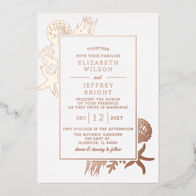 Invitación Con Relieve Metalizado Boda Rustic Seashells Marine Ocean Beach (Anverso)