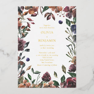 Invitación Con Relieve Metalizado Boda Rústica Boho Botánica Burgundy Frontera