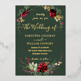 Invitación Con Relieve Metalizado Boda Rústica Boho Flor Silvestre Verde Real
