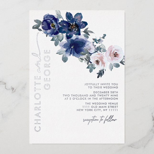 Invitación Con Relieve Metalizado Boda Rústica Botánica de Invierno Floral Azul Plat (Anverso)