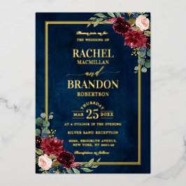 Invitación Con Relieve Metalizado Boda Rústica con Floral Borgoña y Azul Marino